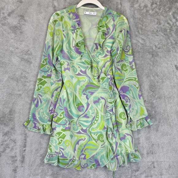 MNG Dress Womens Small Green Purple Wrap Ruffle Long Sleeve Paisley Boho Mini - Picture 1 of 11